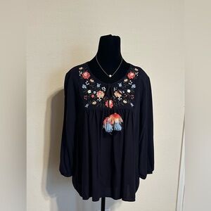 St. John's Bay Black Blouse with Floral Embroidery